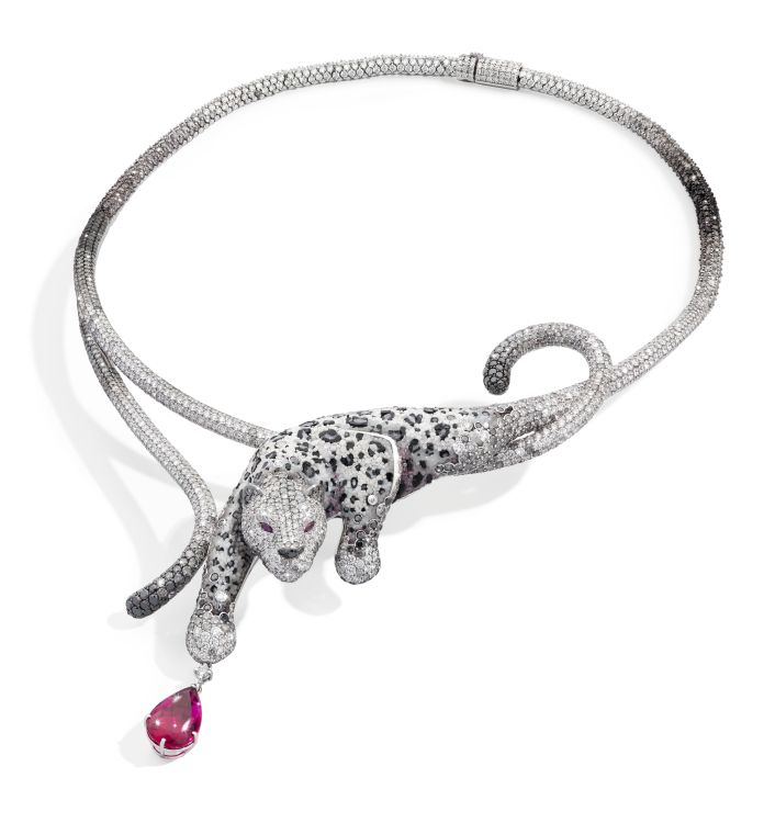 Sicis Jewels Damisa ice necklace with white, black and grey diamonds, white gold, rubies and rubellite (Sicis Jewels)