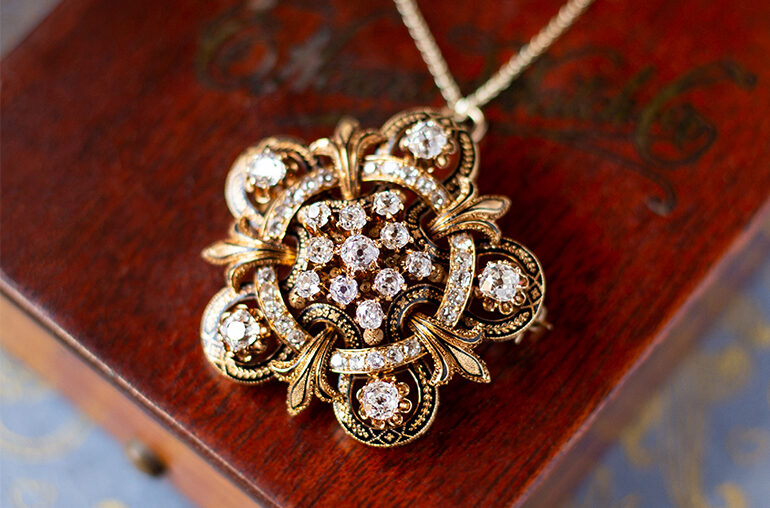 Victorian enamel and diamond pendant from Walton’s Antique and Estate Jewelry.