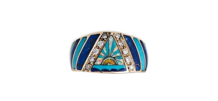 Jacquie Aiche 14 karat yellow gold sunshine opal inlay pave V diamond band ring. (Jacquie Aiche)  