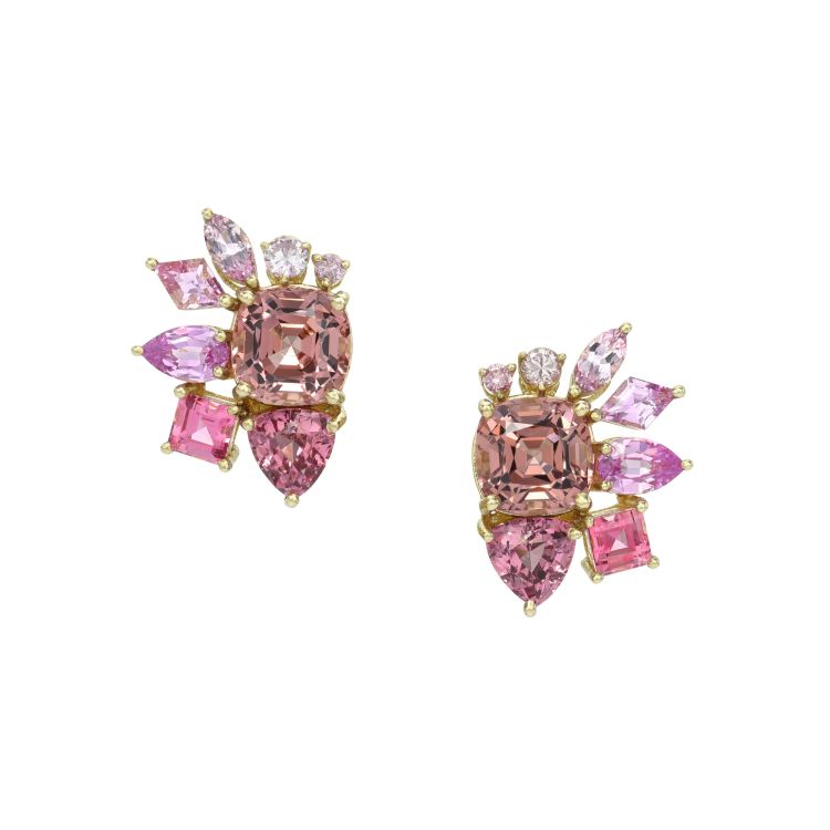 Meredith Young Sunset burst earrings feature Malaya garnet, Vietnamese spinel, and Tanzanian spinel. (Meredith Young)