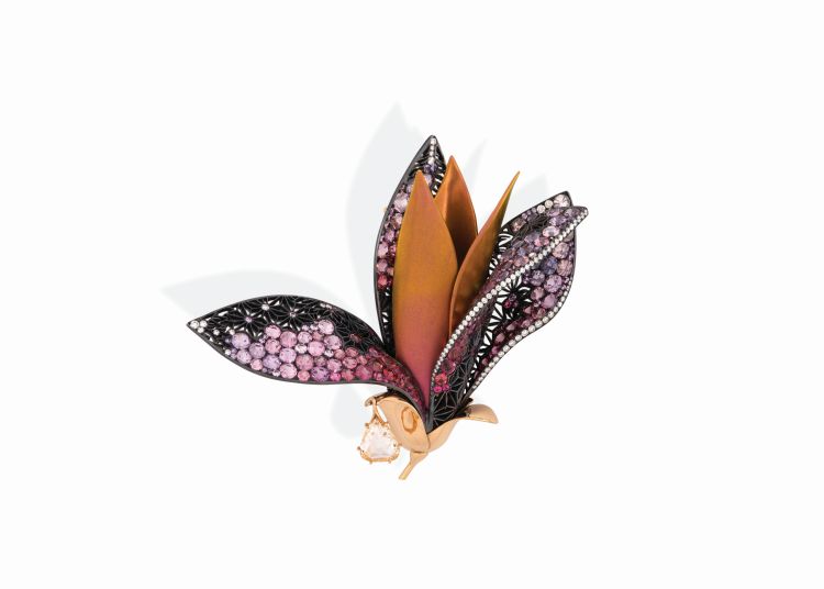 Alix Dumas Magnolia brooch featuring a central diamond, spinels, sapphires, diamonds, set in Fairmined gold, recycled silver, and titanium. (Maison Alix Dumas)