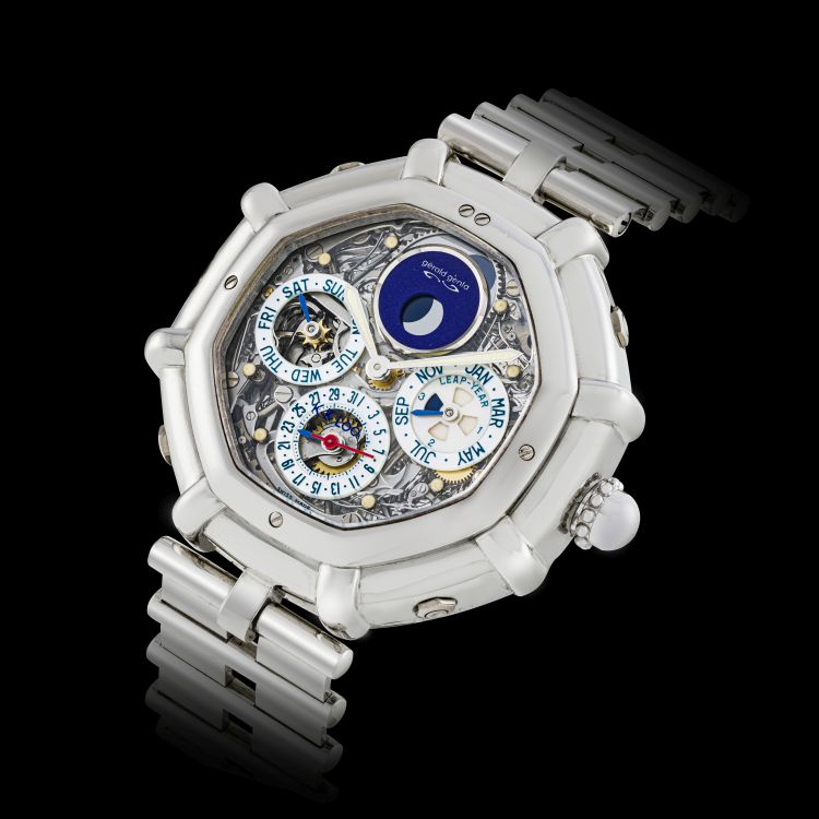 Gérald Genta platinum skeletonised minute repeating perpetual calendar wristwatch. (Christie's)
