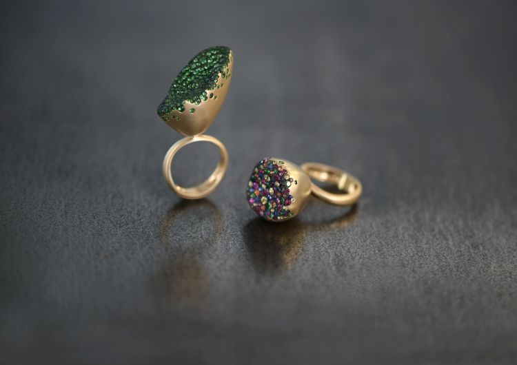  Nada Ghazal Flourish Bonbon ring set with tsavorite and Bonbon ring set with rainbow sapphires in 18-karat gold. (Nada Ghazal)