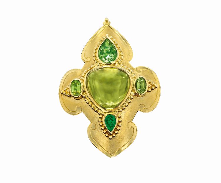 Paula Crevoshay George pendant set with a 43.79-carat green zircon, accented by green tourmalines. (Paula Crevoshay)