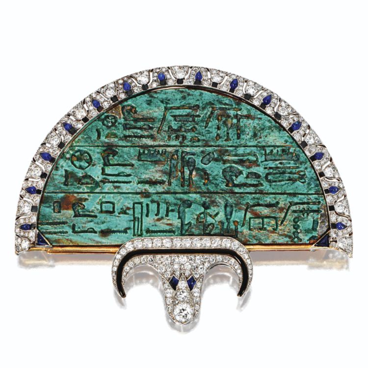 Egyptian Revival jeweled fan brooch. (Sotheby's)
