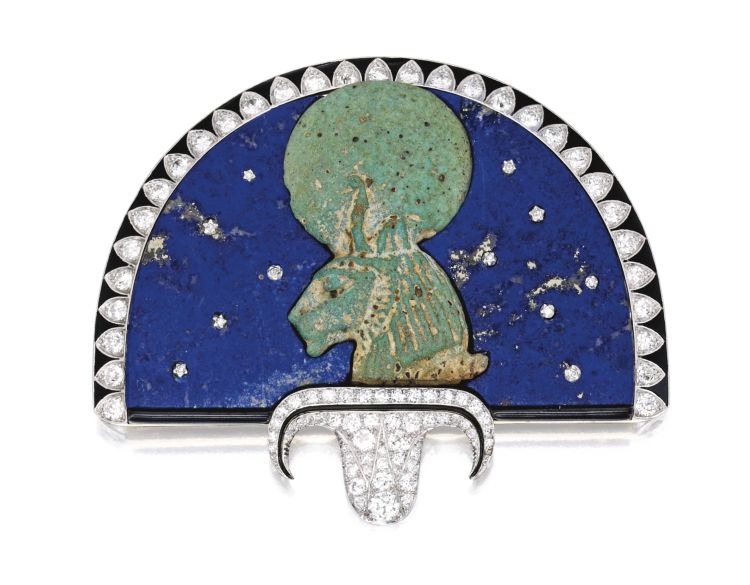 Egyptian Revival faience and jeweled brooch. (Sotheby's)