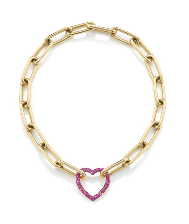 Robinson Pelham Identity necklace in 18-karat gold secured with an Identity Heart clasp featuring diamonds, rubies or multicolored sapphires. (Robinson Pelham)