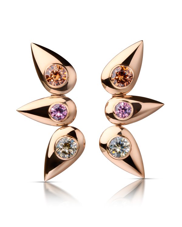 Butterfly earrings in 18-karat rose gold with malaya orange and pink zircon and golden beryl. (Cora Sheibani) 