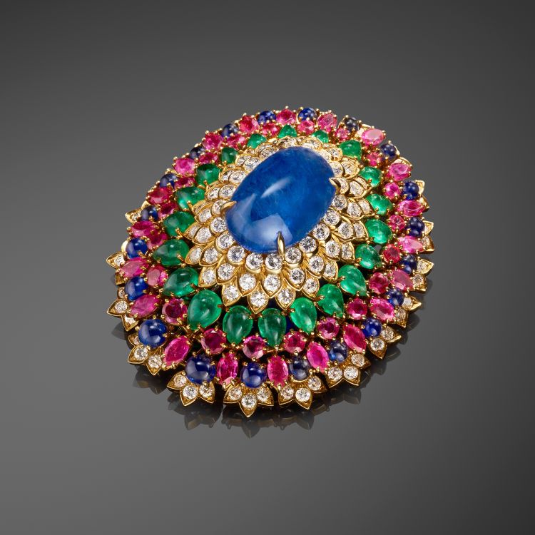 David Webb brooch with sapphires, emeralds, rubies and diamonds (Rago/Wright Auctions)