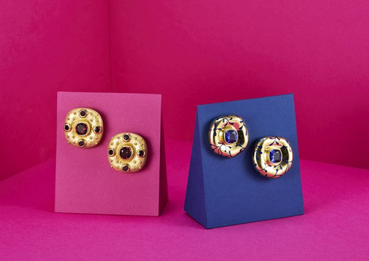 Elizabeth Gage Ottoman earrings in 18-karat yellow gold set with red garnets and yellow enamel and tanzanite and blue enamel earrings. (Mark Langridge Photography)