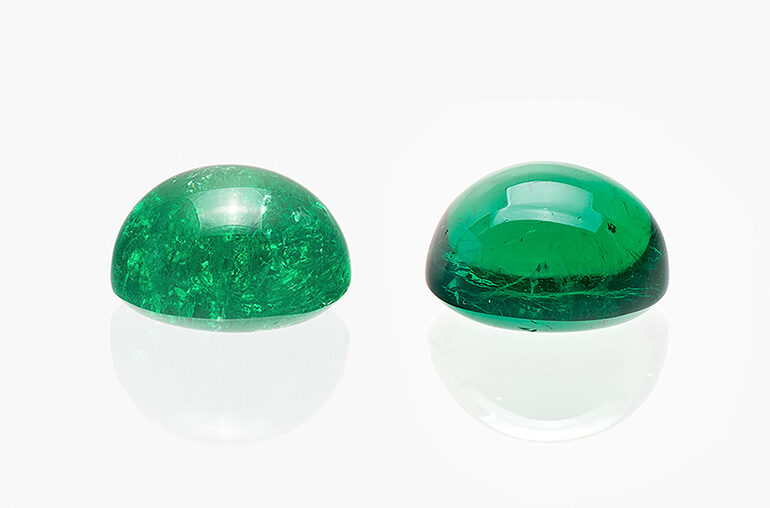 Colombian emerald cabochon at two different stages. SSEF