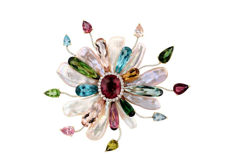 Yvel Fantasia brooch set with natural pearls, tourmalines, and diamonds. (Yvel)