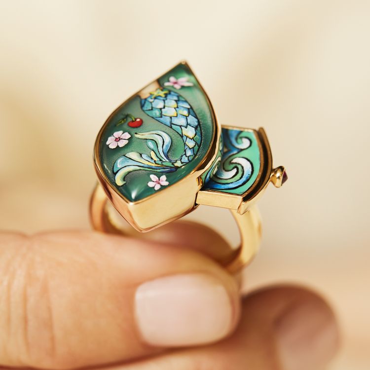 Francesca Villa Mermaid and the Sea Ring with hand-carved and painted rock crystal cabochon in 18K gold, ruby cabochon, enamel and turquoise