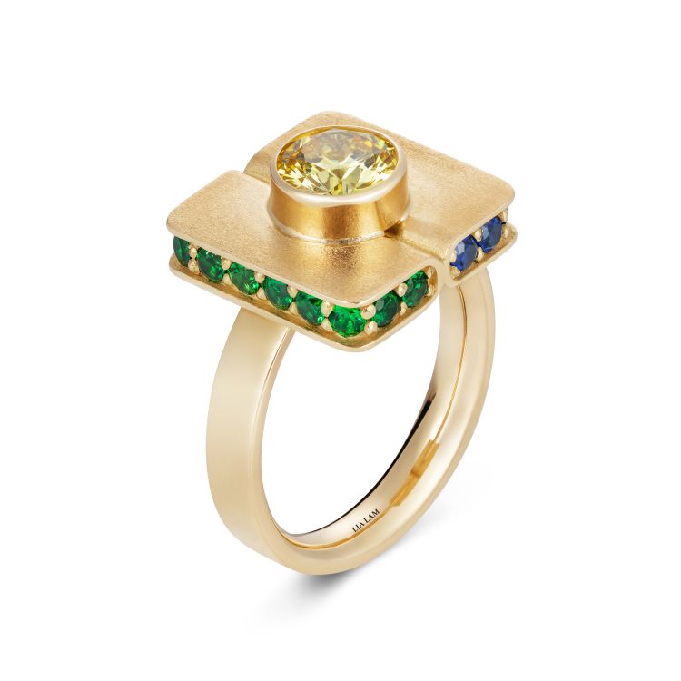 Biblio ring in 18-karat yellow diamond with a yellow diamond, sapphires, and tsavorites. (Lia Lam)