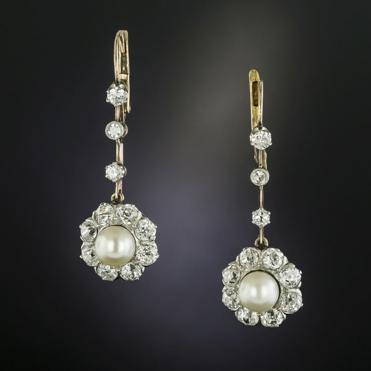 Edwardian drop earrings set with European-cut and old mine-cut  diamonds and natural saltwater pearls in platinum over 14-karat gold, dating back to the first or second decade of the twentieth century. (Lang Antique & Estate Jewelry) 