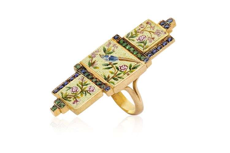 Le Sibille 18K gold micro mosaic Oriental Screen ring 
