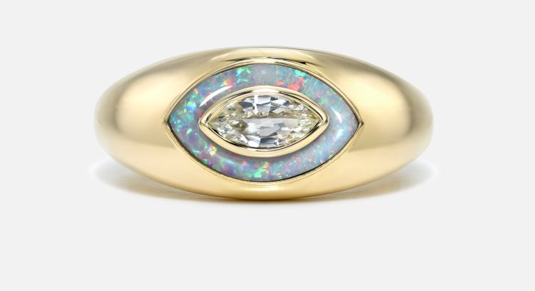 Maggi Simpkins Bubble ring set with a pear-shape diamond and Australian opal inlay. (Maggi Simpkins)