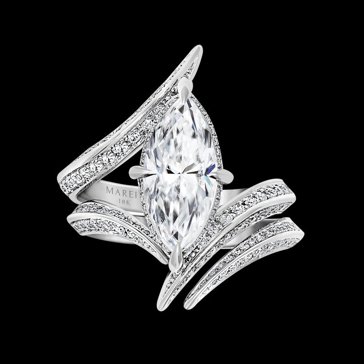 Marei New York Ayla Arabesque diamond engagement ring in white gold with diamonds. (Marei New York)