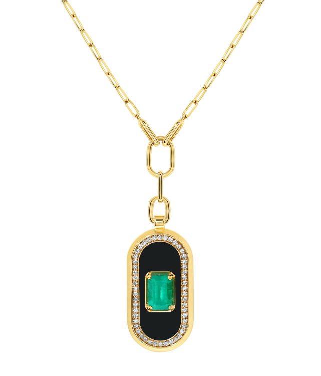 State Property Battuta Enchantress Necklace in 18K yellow gold with center emerald, diamonds and onyx 