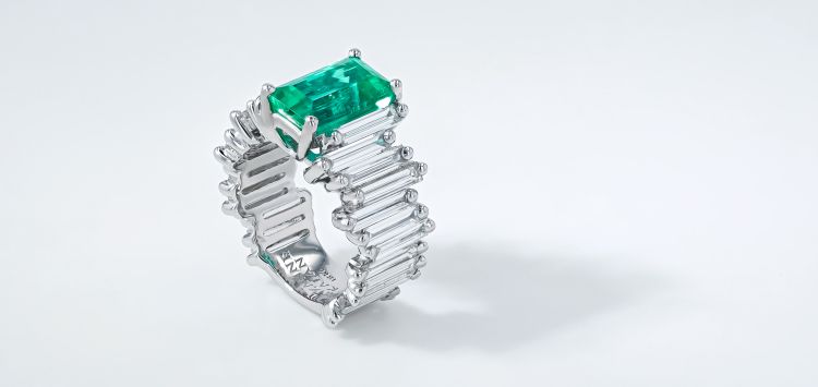 Suzanne Kalan 18-karat white gold ring set with a 4.12-carat emerald and baguette diamonds. (Suzanne Kalan)