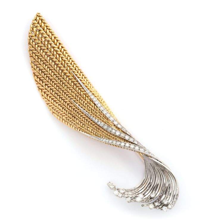 Pierre Sterlé 18-karat gold and platinum feather brooch set with diamonds, ca. 1950, from A La Vieille Russie. (A La Vieille Russie)