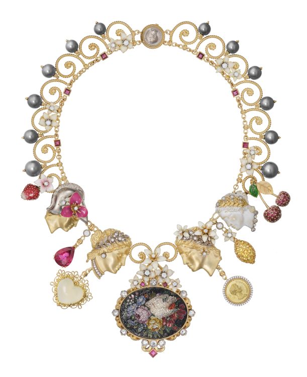 Necklace in white and yellow gold with rubellite tourmalines, yellow sapphires, rubies, diamonds, pearls moonstone and micromosaics. (Massimo Bianchi/Dolce & Gabbana)