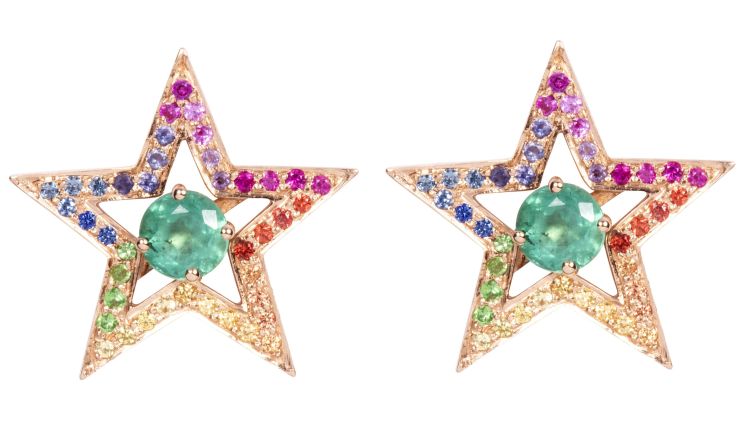 Alice van Cal The Rainbow Star earrings in rose gold with emeralds and colored gems. (Alice van Cal)