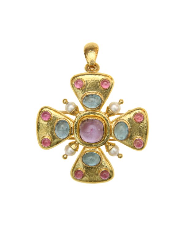 Elizabeth Locke 19 karat Maltese cross brooch pendant with amethyst, aquamarine, pink tourmaline and pearls (Elizabeth Locke)