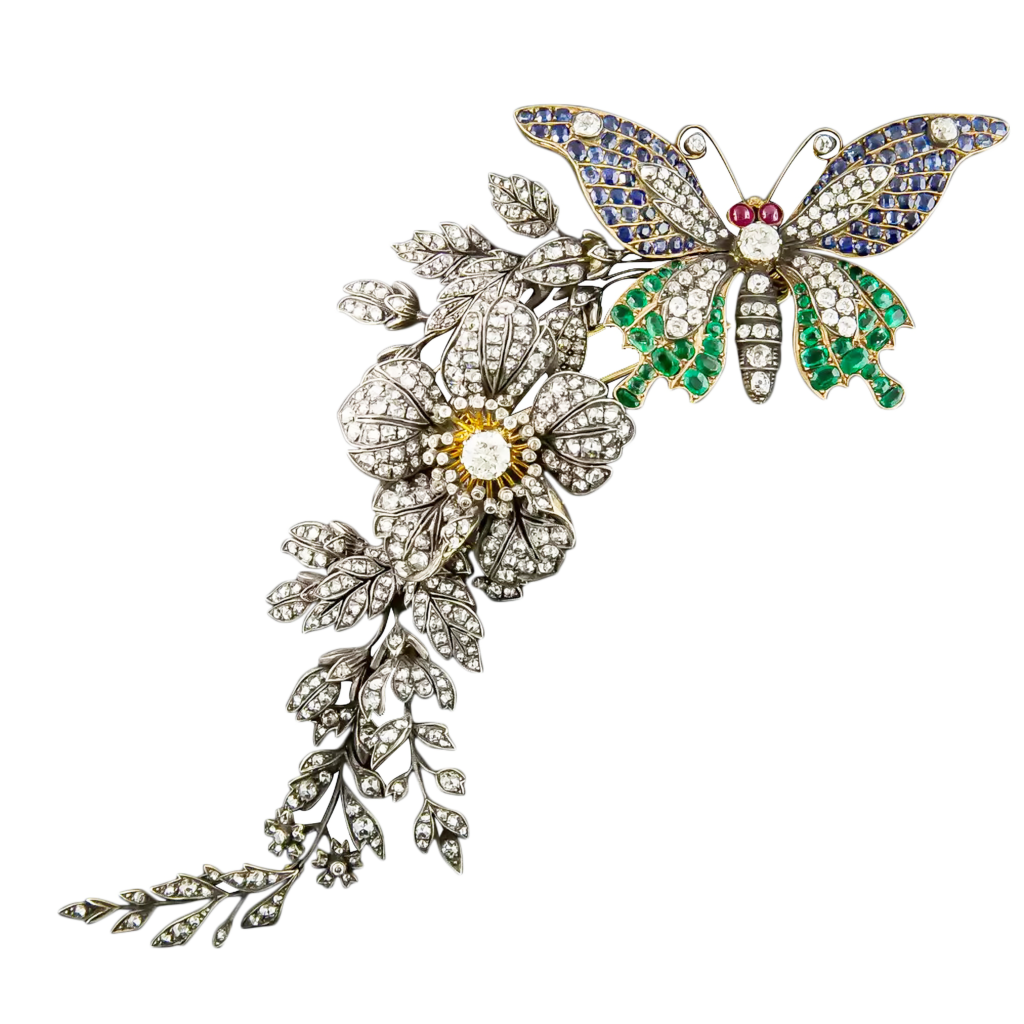 Victorian en tremblant butterfly and flower brooch with diamonds, rubies, sapphires and emeralds. (Lang Antique & Estate Jewelry)