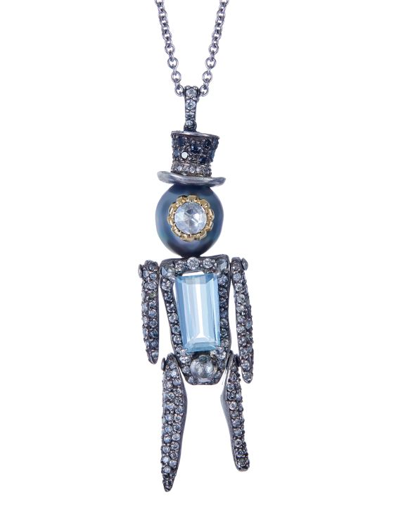 Puppet Abstract Dollie pendant, 2020 set with freshwater pearl, aquamarine, black and white diamonds, in 18-karat gold and sterling silver. (Castro NYC) 
