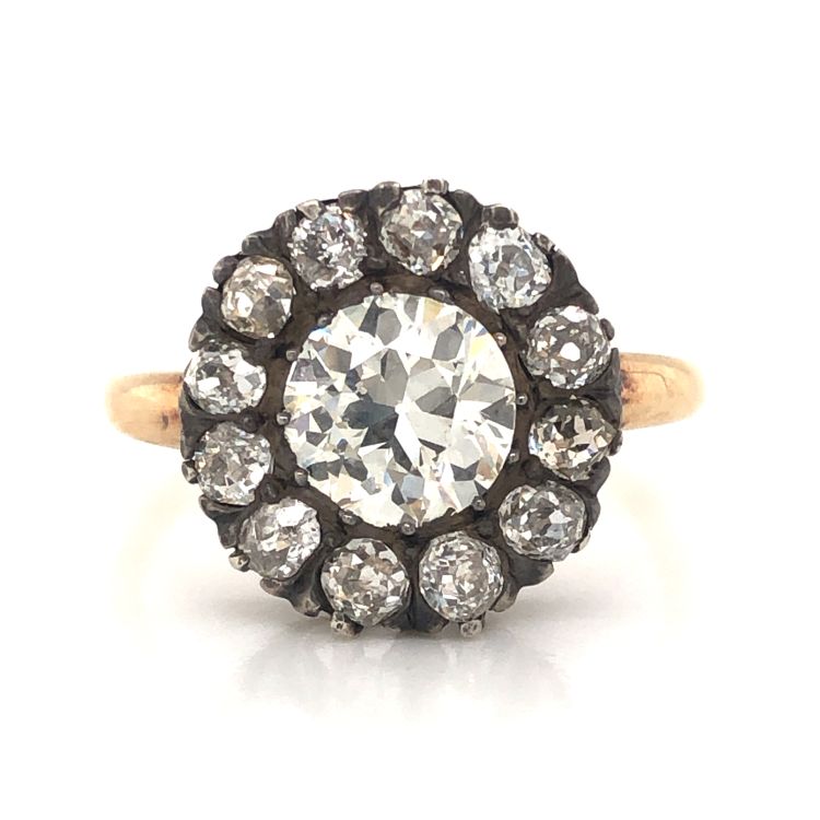 Antique Victorian diamond cluster ring in 14 karat gold featuring 2.33 carats of diamonds. (Filigree Jewelers)
