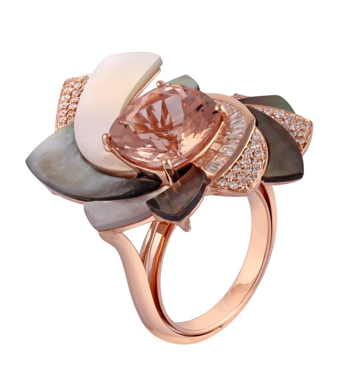 Ananya Mogra Radiating ring with a 4.68-carat morganite, mother-of-pearl and diamonds in 18-karat rose gold. (Ananya)