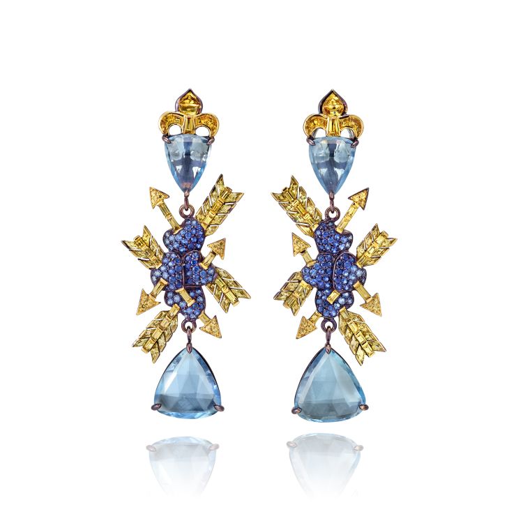 Lydia Courteille Marie Antoinette earrings in 18-karat gold set with aquamarines, sapphires,  yellow and orange sapphires. (Lydia Courteille)