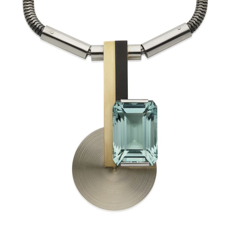 Jean Fouquet necklace with a cut-cornered rectangular aquamarine weighing between 85 and 90 carats. (Christie's Images Limited)