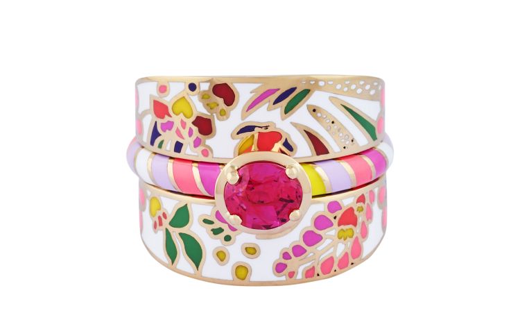 Alice Cicolini Sari Lucknow jacket ring in 14-karat yellow gold with lacquer enamel, shown with a Mahenge pink spinel enamel and gold ring. (Alice Cicolini)