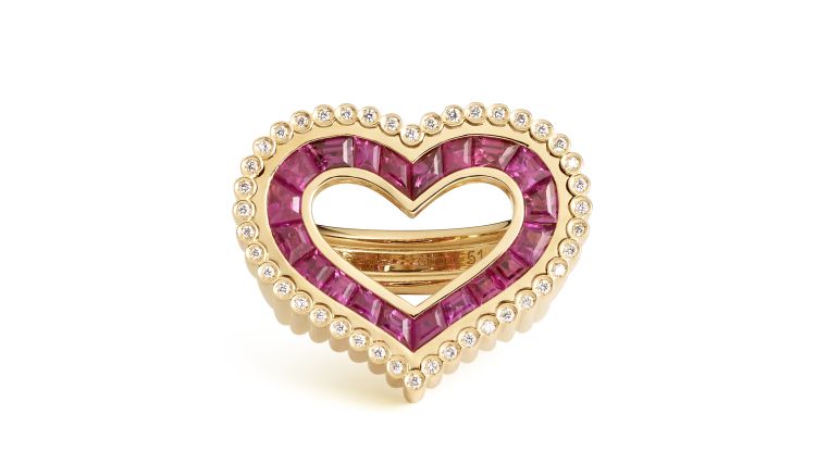 Marie Lichtenberg Love ring in 18-karat gadrooned yellow gold with diamonds and rubies. (Marie Lichtenberg)