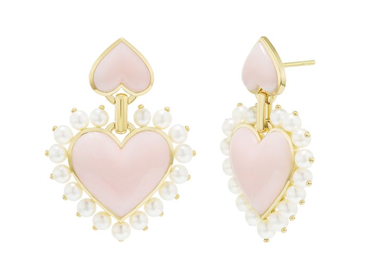 Emily P. Wheeler Queen of Hearts earrings in 18-karat yellow gold, pearl, and pink opal. (Emily P. Wheeler)