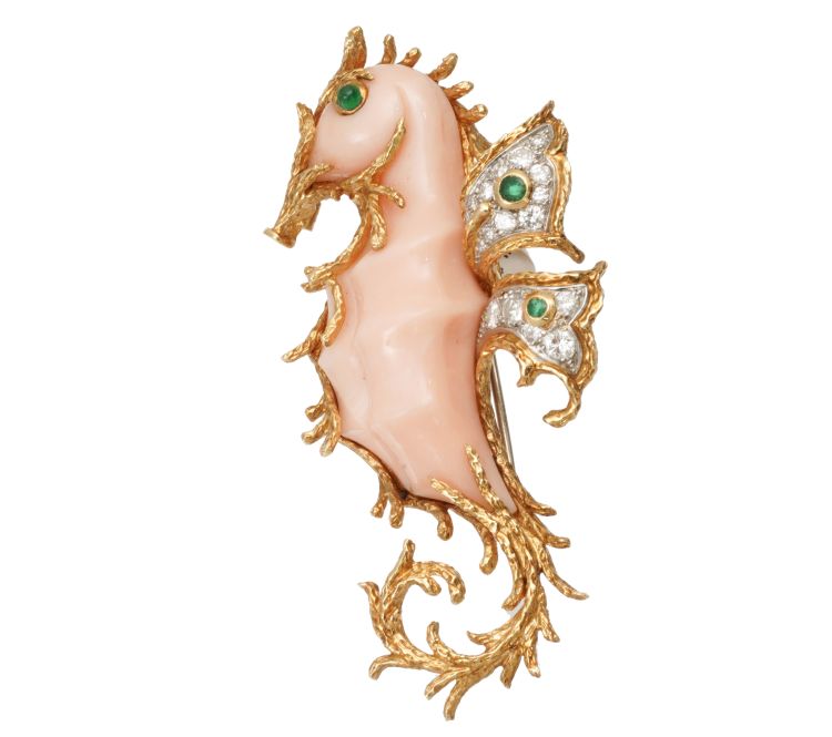 Tiffany & Co. Sea Horse brooch created in 18-karat yellow gold consisting of a carved angel skin coral body, emeralds and diamonds. (Fourtané)