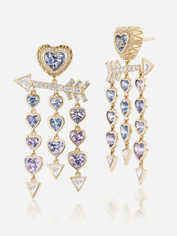 Harwell Godfrey Heart Chandelier earrings in 18-karat gold with heart-shaped spinels and diamonds. (Harwell Godgrey)