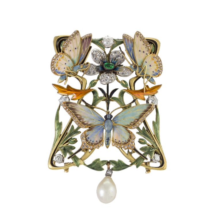 Henry Dubret butterfly choker with layers of different styles of enameling and accent stones. (Macklowe Gallery)