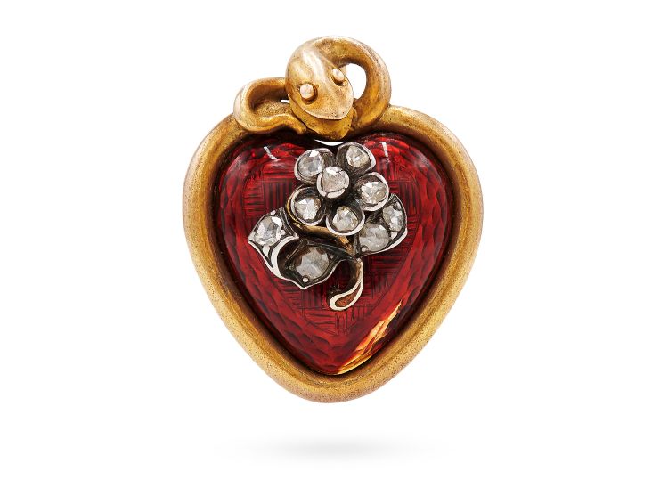 19th century red enamel heart and snake pendant from Fred Leighton. (Fred Leighton)