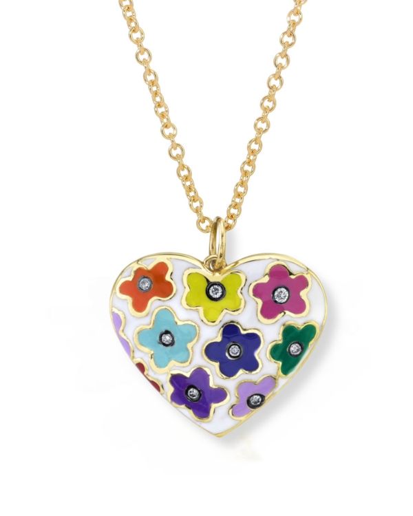 Lord Jewelry Floral Heart pendant crafted in 18-karat yellow gold, with enamel and diamonds. (Lord Jewelry)
