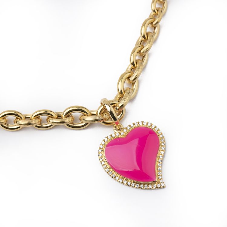 NeverNot Show N Tell pendant with neon pink enamel and diamonds in 18-karat yellow gold. (NeverNot)