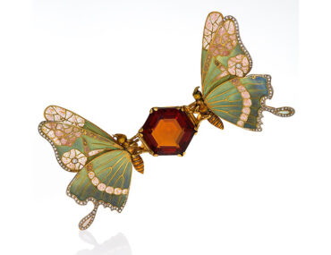 Art Nouveau butterfly brooch with a 36-carat topaz, rose- and old European-cut diamonds, and enamel, France. (Macklowe Gallery)