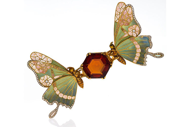 Art Nouveau butterfly brooch with a 36-carat topaz, rose- and old European-cut diamonds, and enamel, France. (Macklowe Gallery)