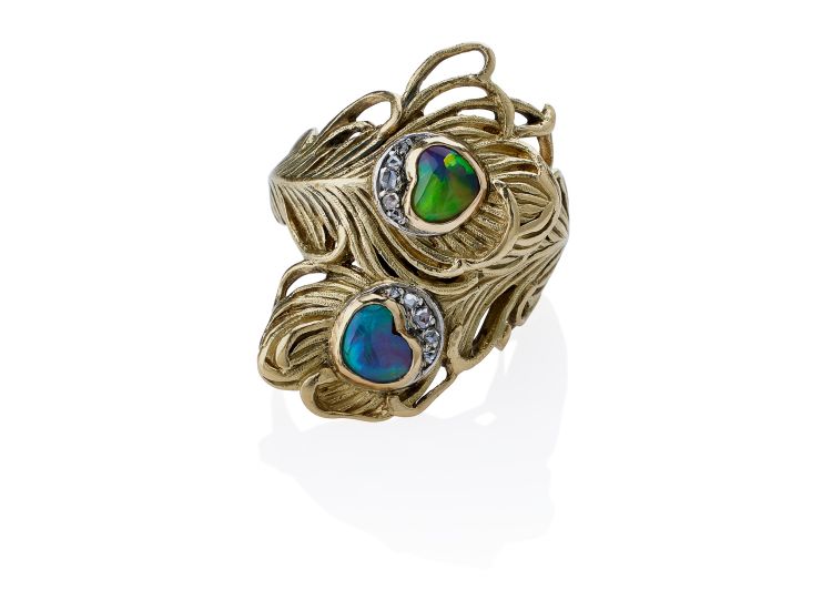 Art Nouveau peacock feather ring with opals and diamonds. (Macklowe Gallery)