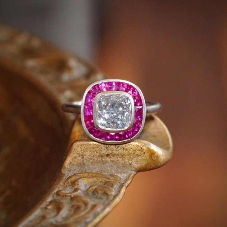 Art Deco-inspired platinum ring set with a 2-carat blue diamond and Burmese rubies. (Nicole Fournier/Jogani)