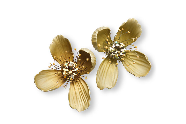 Hemmerle flower earrings created from fancy dark brown-yellow and fancy brownish greenish- yellow diamonds each over 6 carats set in aluminum with green gold and white gold.