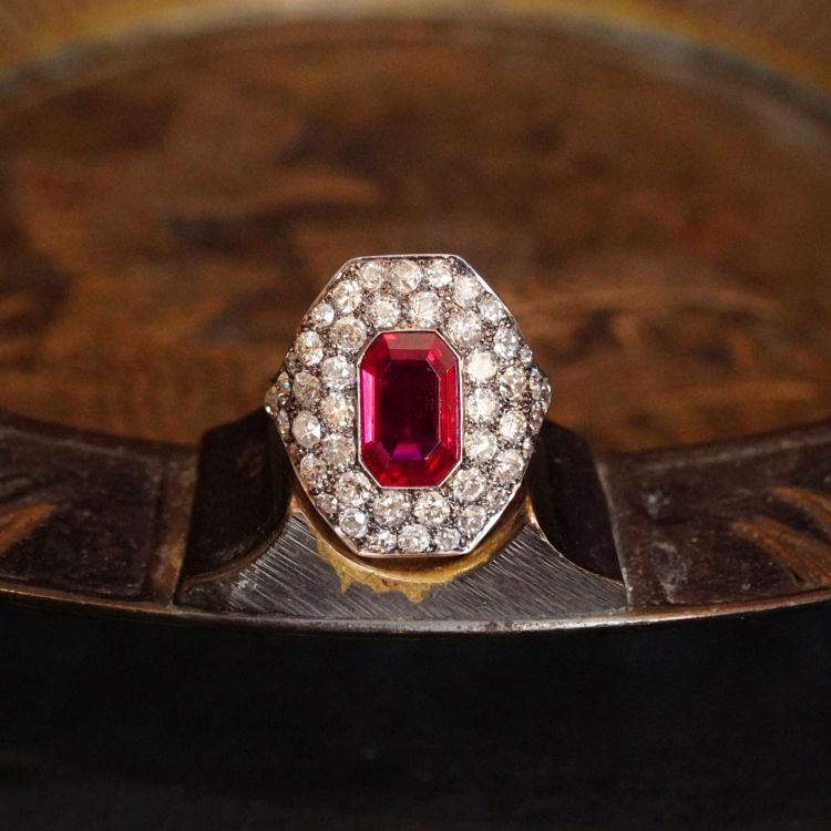 Victorian-inspired platinum and yellow gold ring set with a 2.79-carat ruby and diamonds. (Nicole Fournier/Jogani)