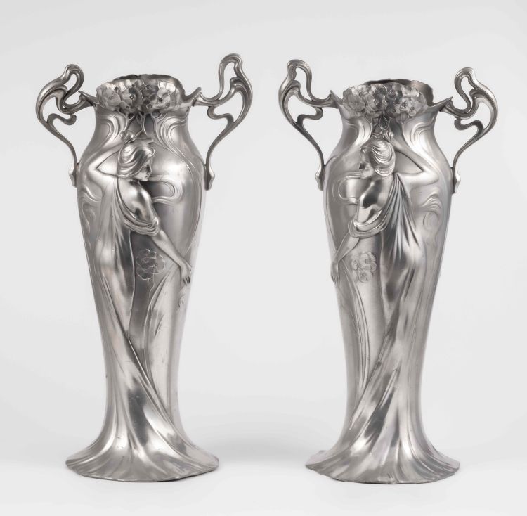 Pair of electroplated pewter vases from Württembergische Metallwarenfabrik (WMF), early 20th century. (The Richard H. Driehaus Collection)